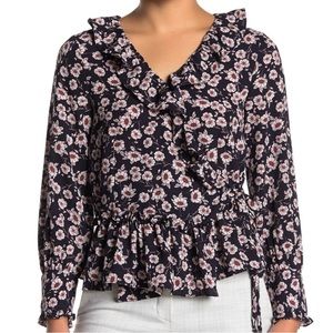 Everleigh Floral Print Wrap Front Side Tie Ruffle Long Sleeve Top